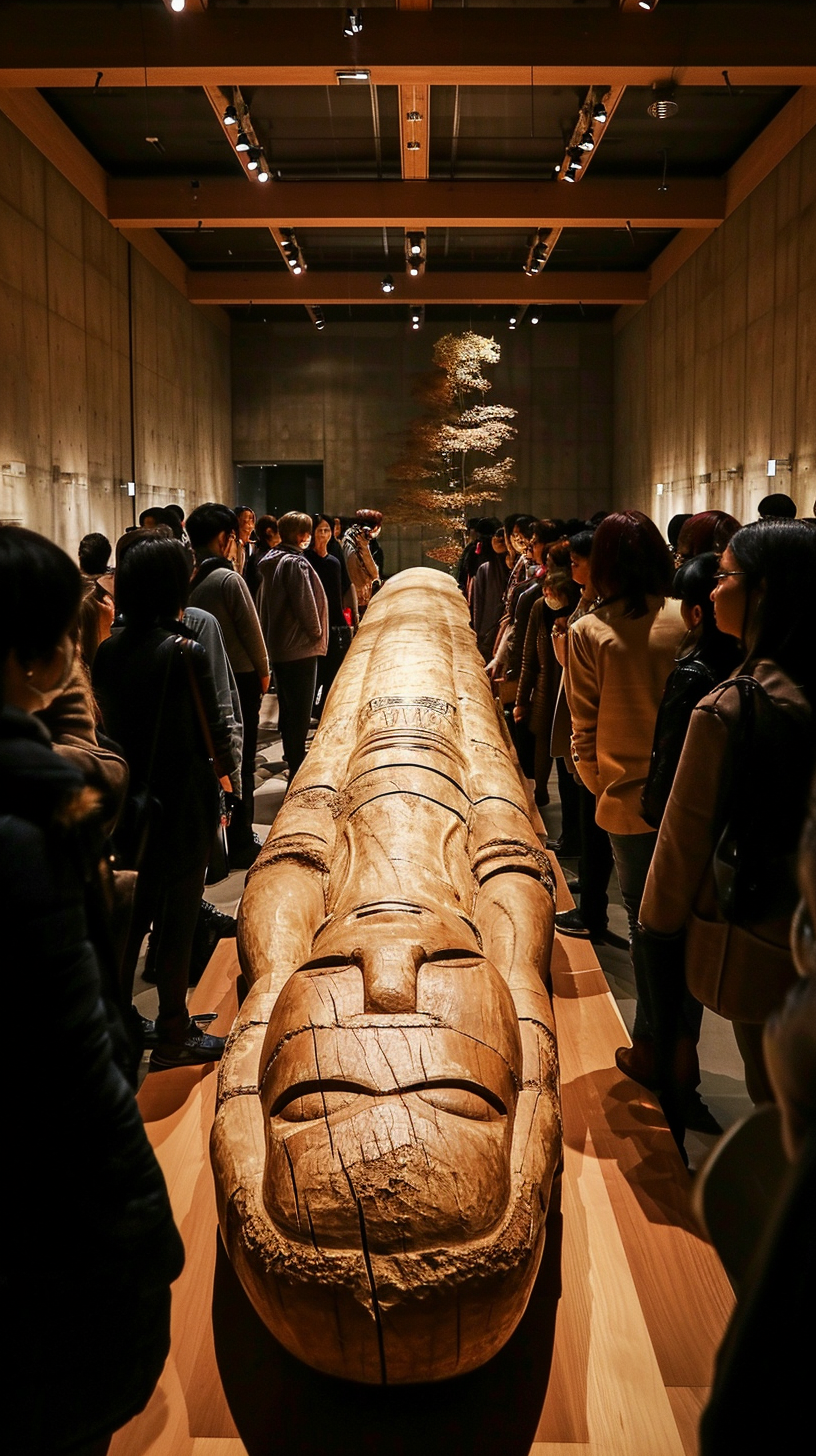 Japanese people amazed by long sculpture