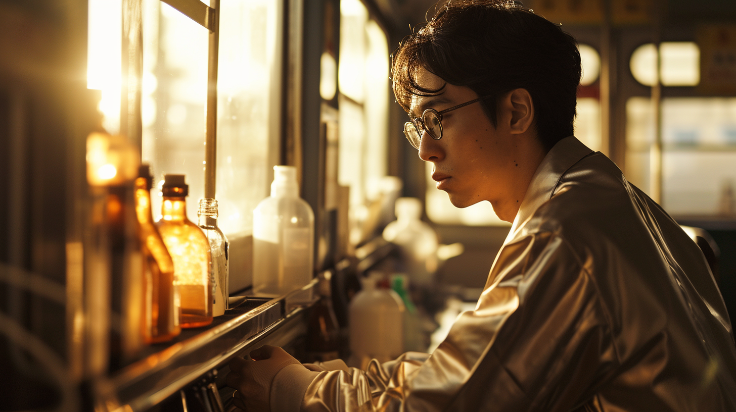 Japanese scientist holding specimen bottles on train