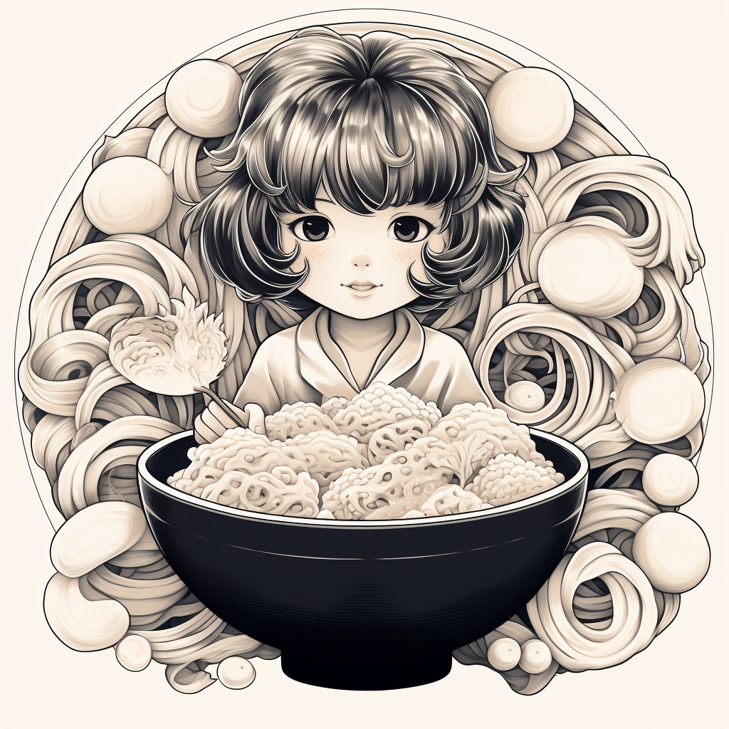 Illustration of Japanese small girl in ramen bowl