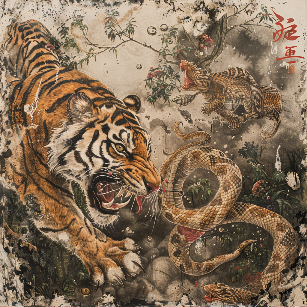 Tiger fighting snake illustration