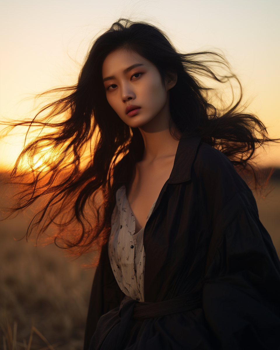 Beautiful Japanese woman in an empty field at sunset