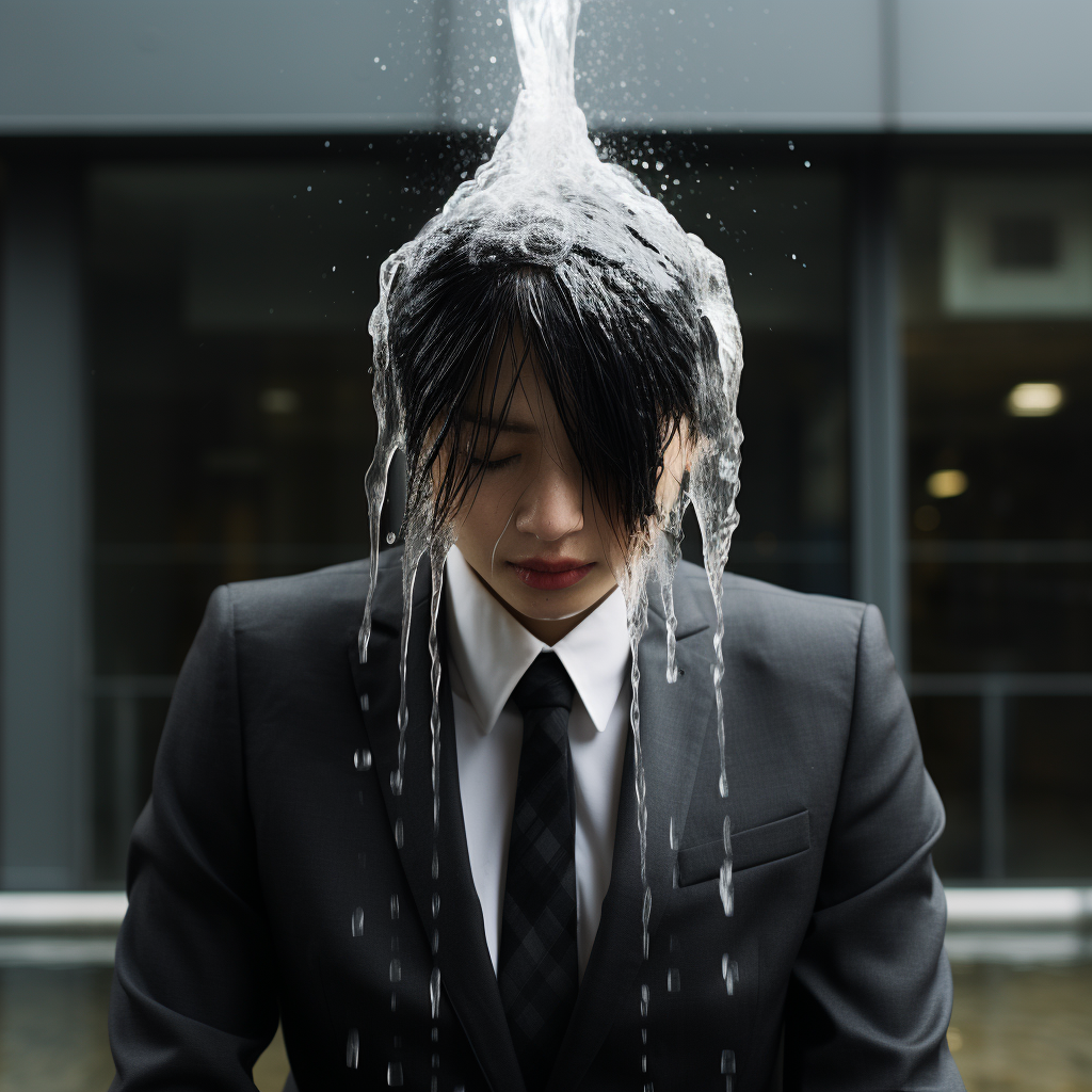 Japanese woman in business suit with water on head