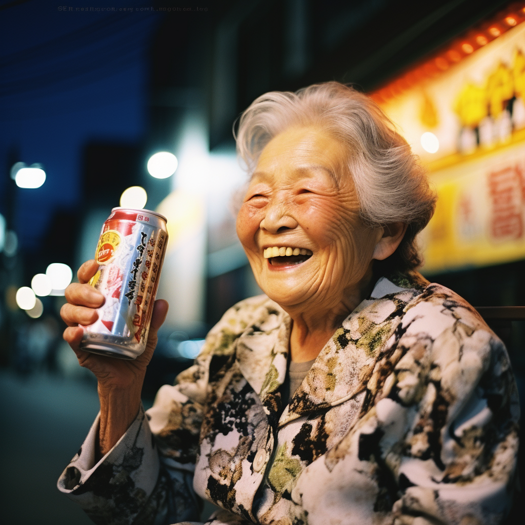 Happy Japanese woman enjoying a drink outdoors