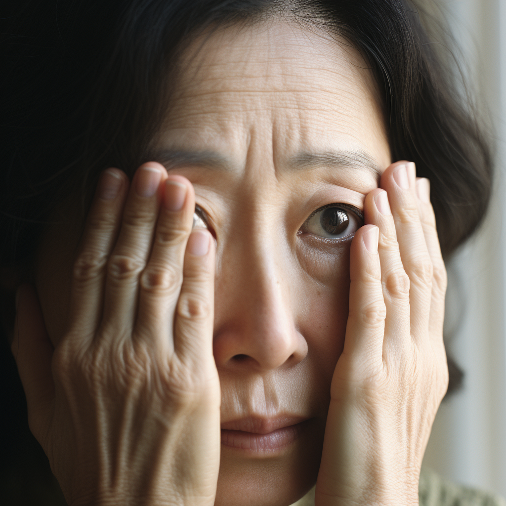 Japanese woman mother with eyebrow wrinkle