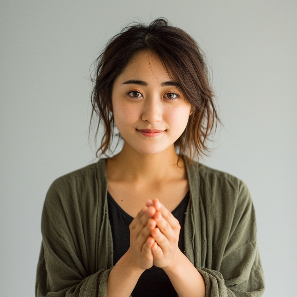 Japanese woman presenting cupped hands