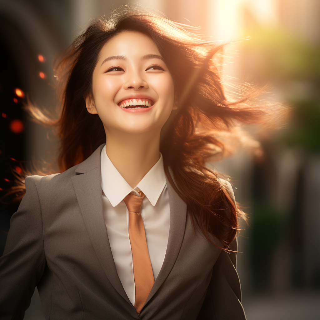 Japanese woman in suit with radiant smile