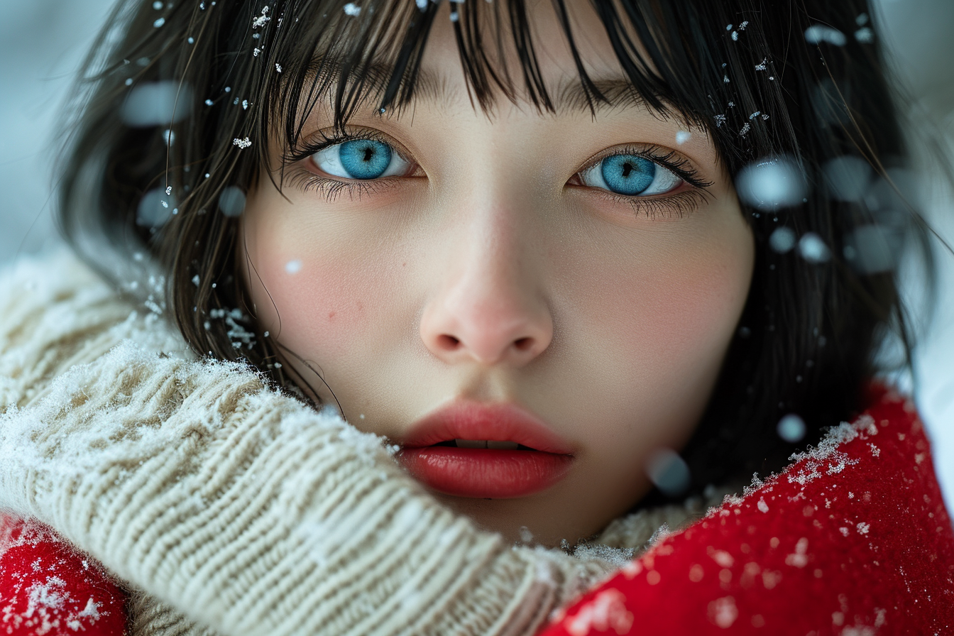 Japanese woman in snowstorm with red coat