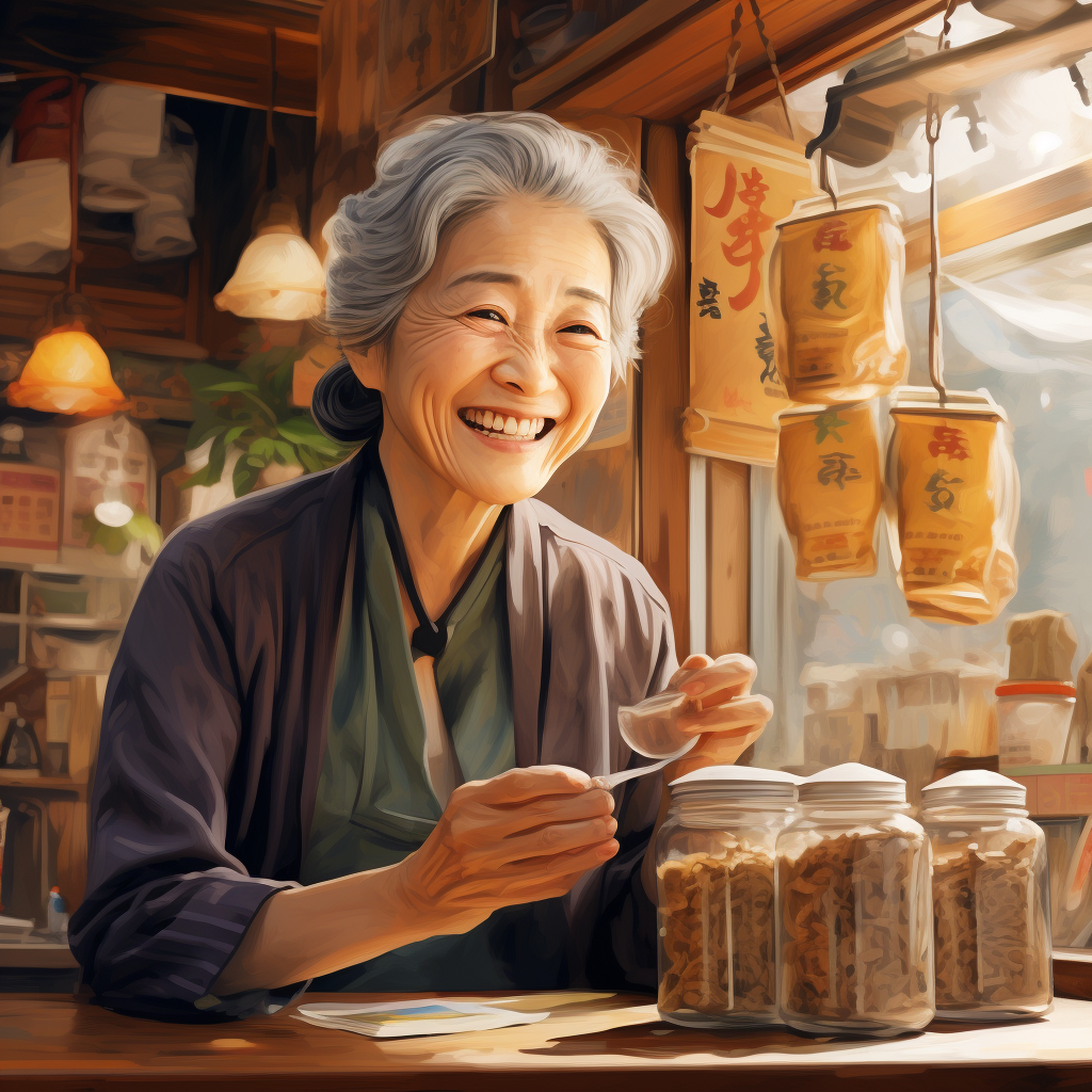 Elderly Japanese woman smiling in café with supplements