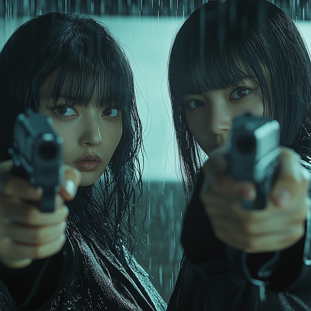 Two Japanese women pointing guns