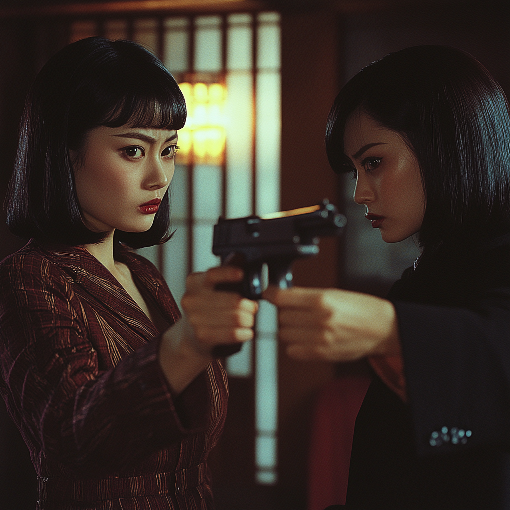 Two Japanese women pointing guns