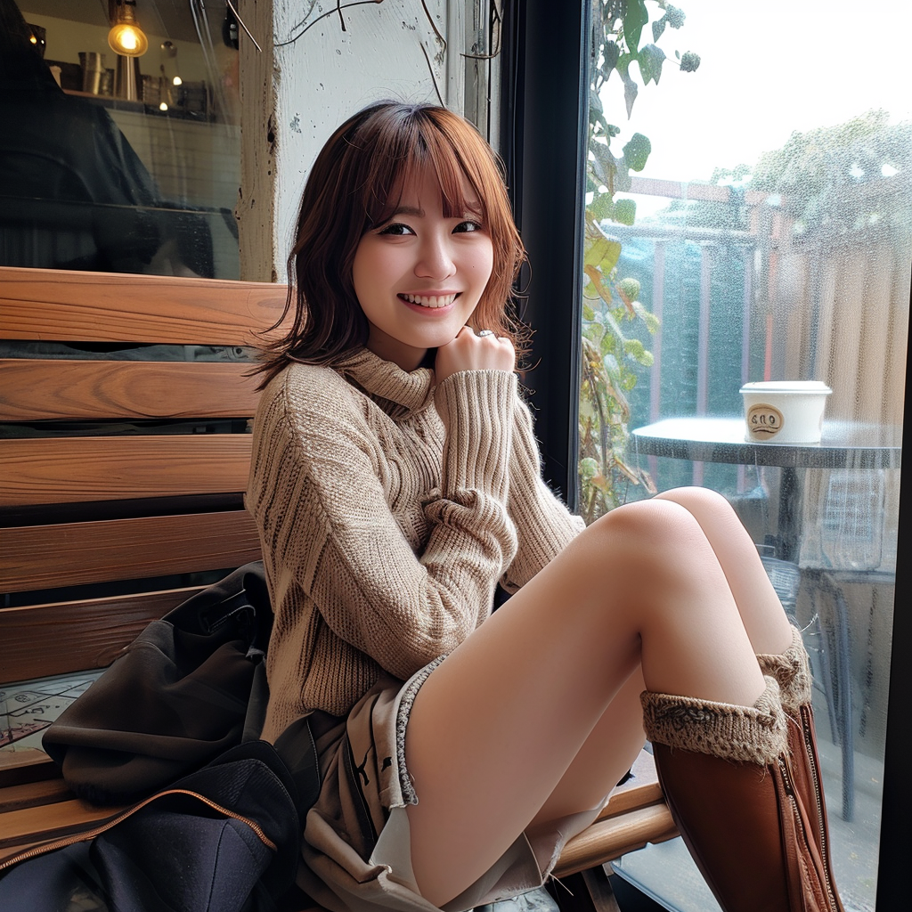 Japanese woman sitting on chair smiling legs