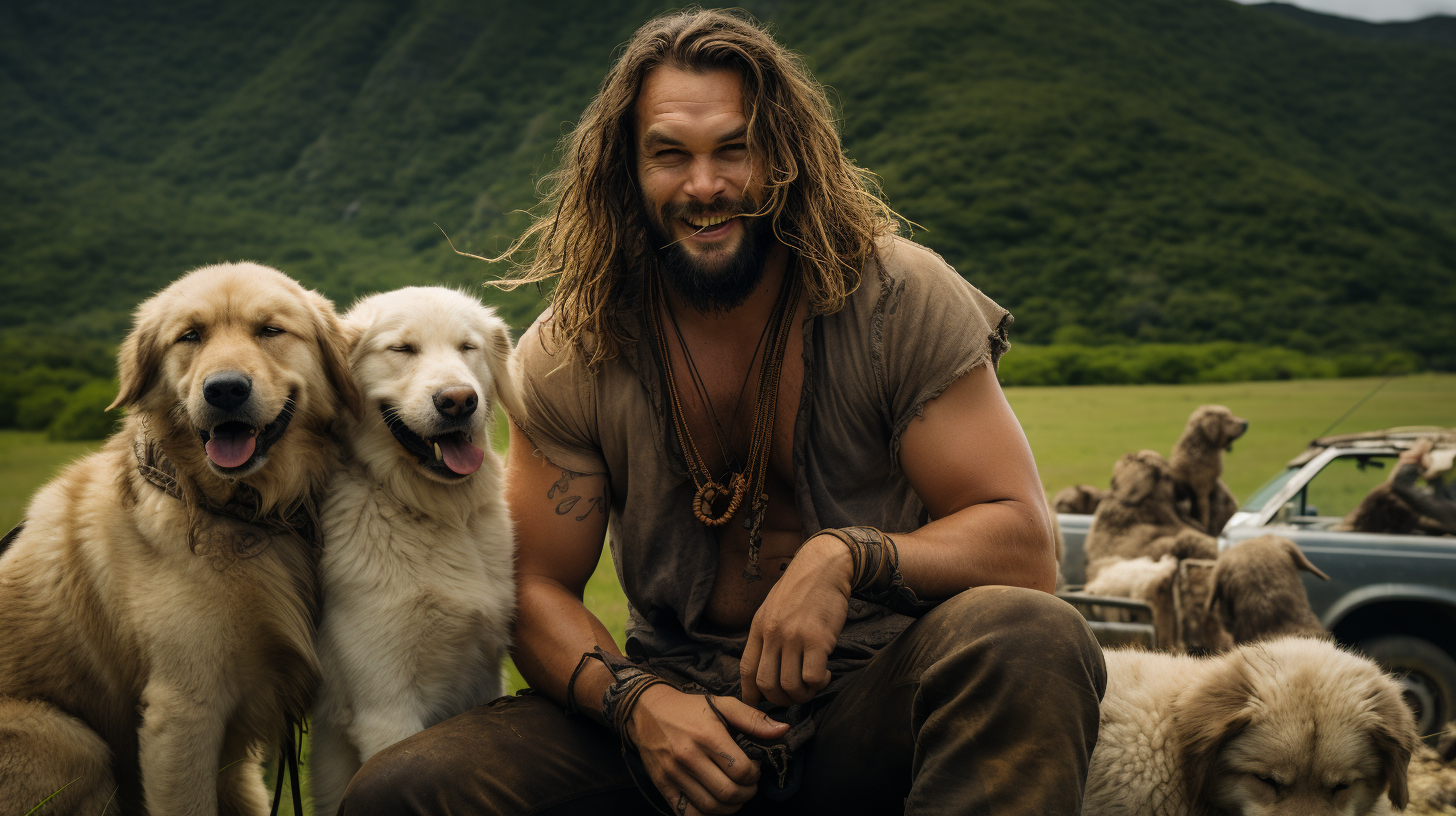 Smiling Jason Momoa with Golden Retriever Puppies