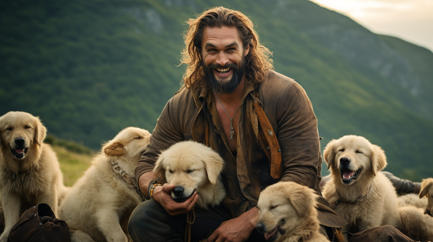 Happy Jason Momoa with Golden Retriever Puppies