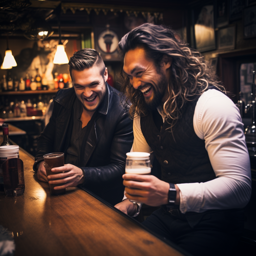 Jason Momoa and King Charles III laughing at the bar