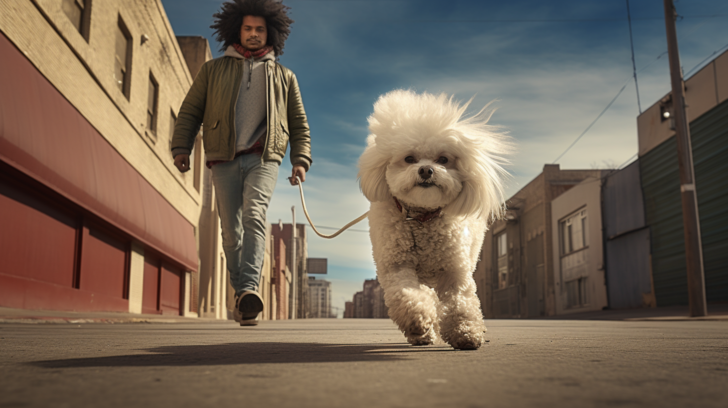 Jason Laflore walking a Maltipoo down the street