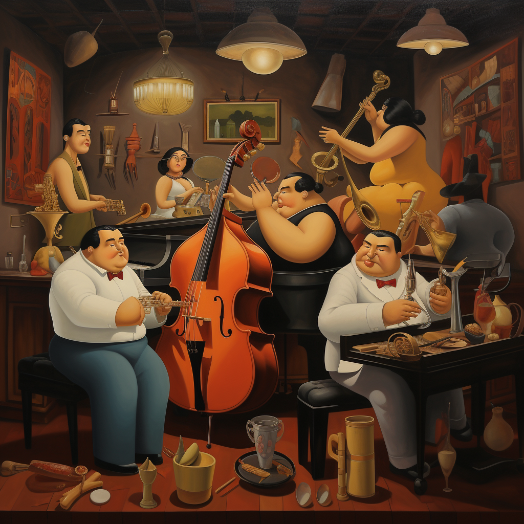 Colorful jazz bar painting by Fernando Botero