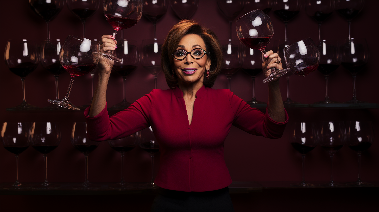 Jeanine Pirro juggling red wine glasses