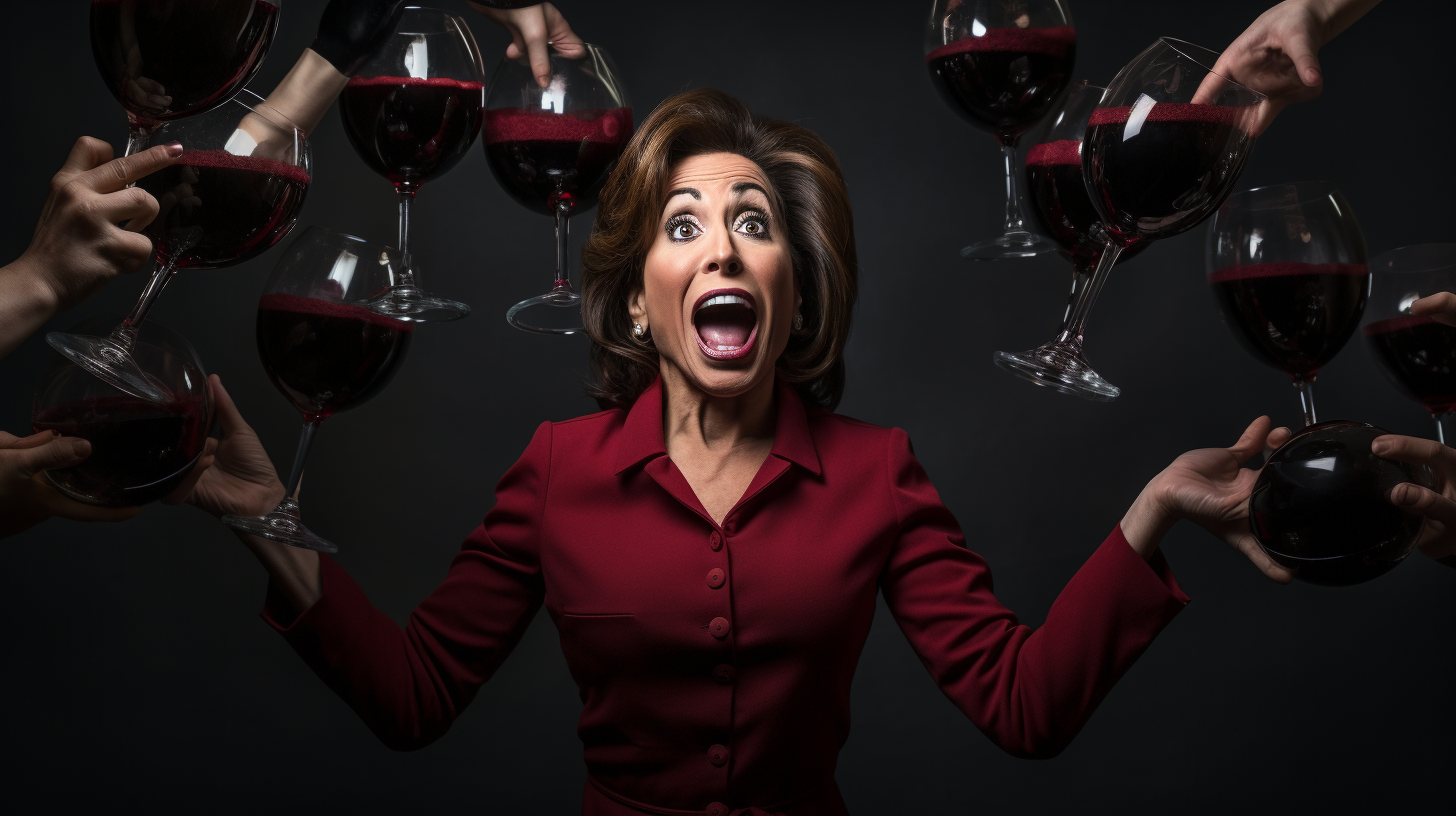 Jeanine Pirro juggling glasses of red wine