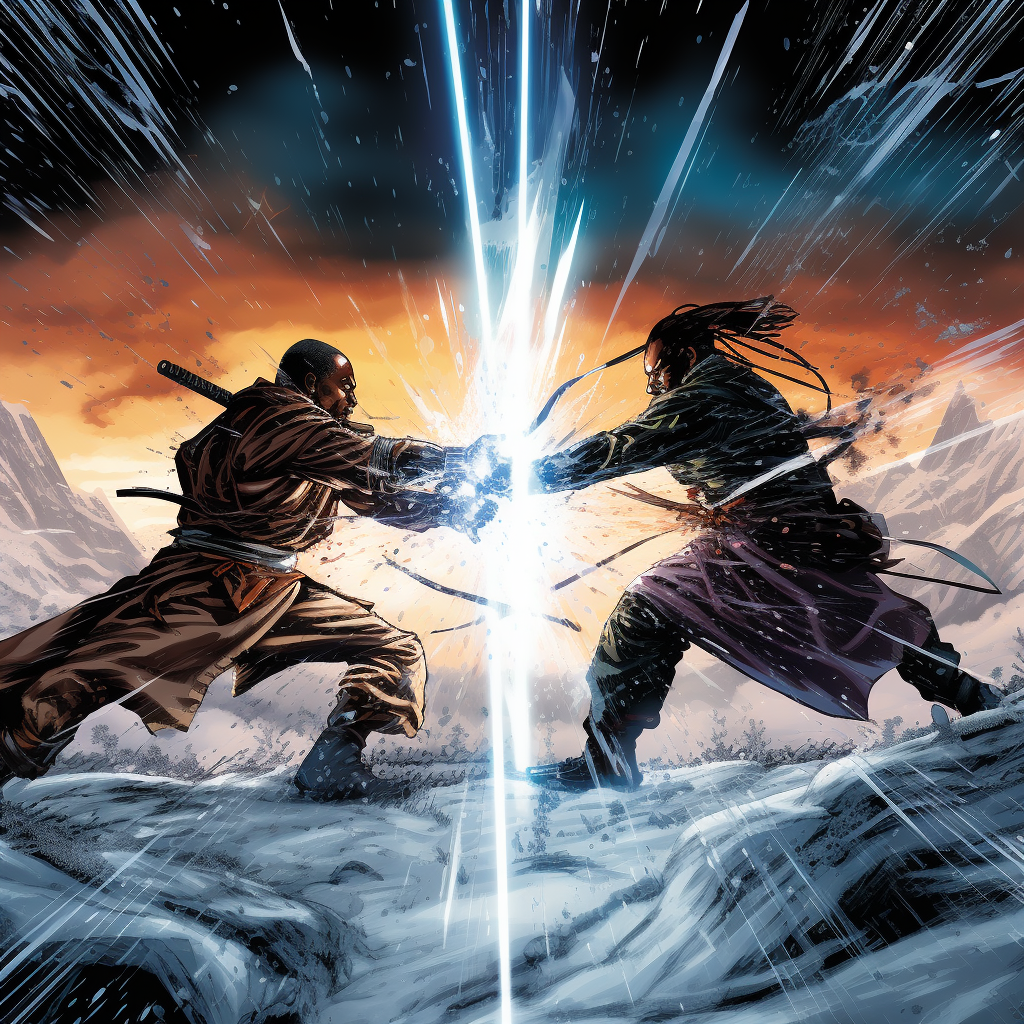 Extreme close-up of Jedi warriors dueling