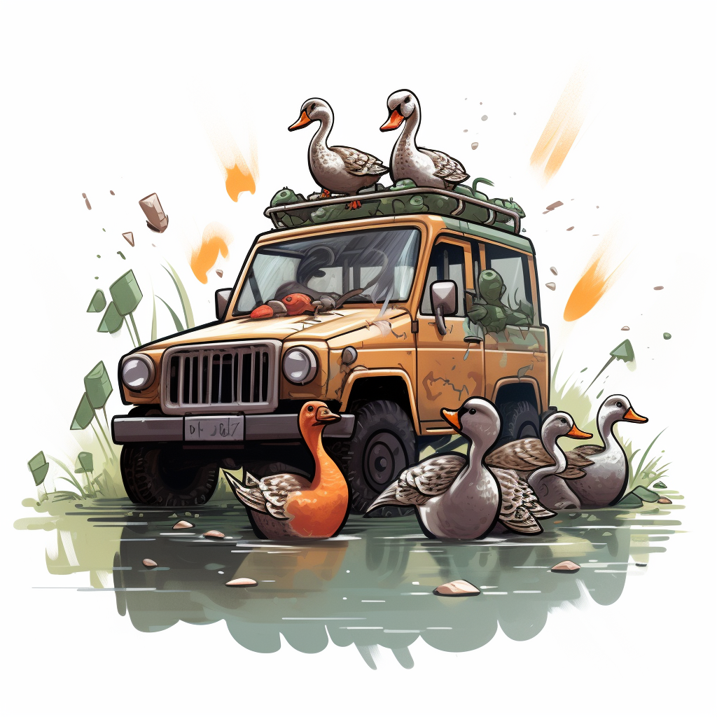 Illustration of Jeep and ducks amidst nature