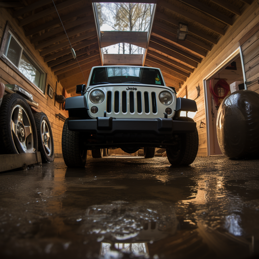 Jeep in garage with sunglasses on windshield