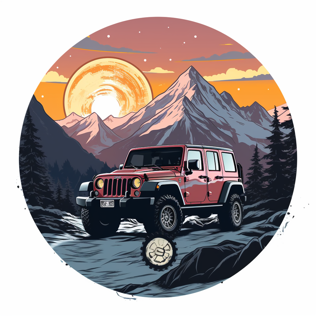 Jeep driving in snowy mountains with circular logo