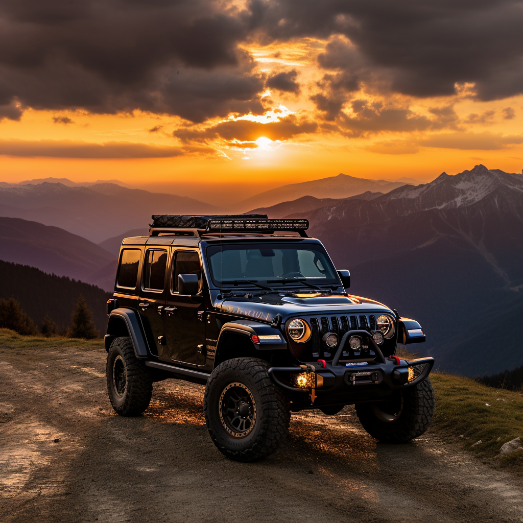 Jeep Wrangler flexed wheel base at sunset