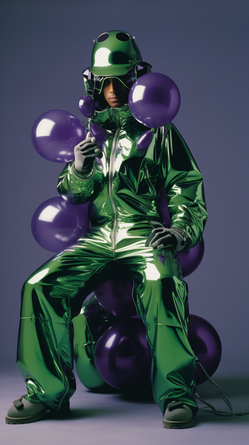 Jeff Koons in Metallic Green Jumpsuit with Balloon Dog