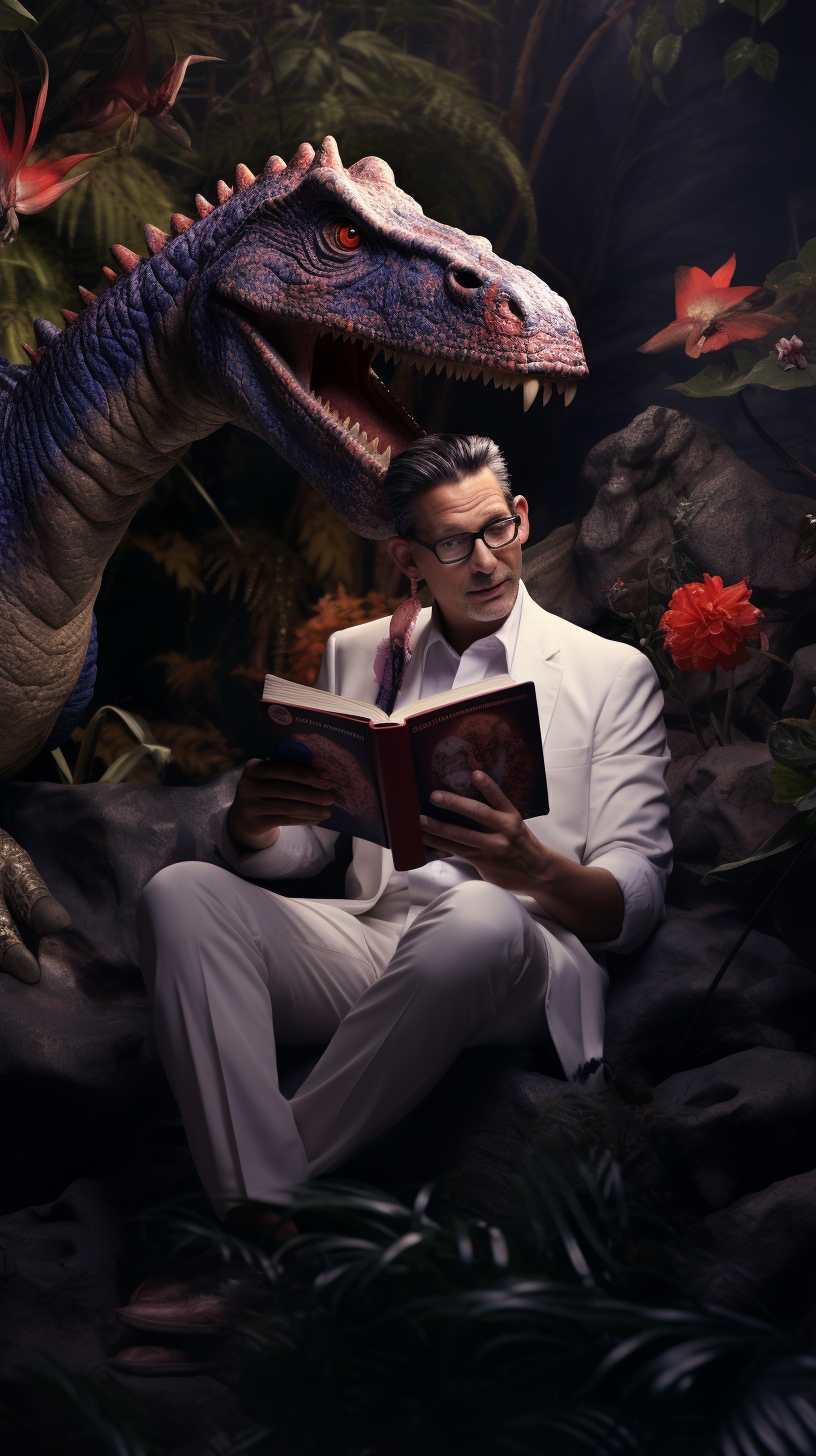 Jeff Goldblum reading with dinosaur