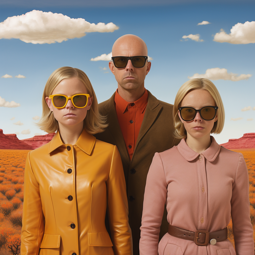 Blonde mother, bald father with glasses, two daughters in surreal setting