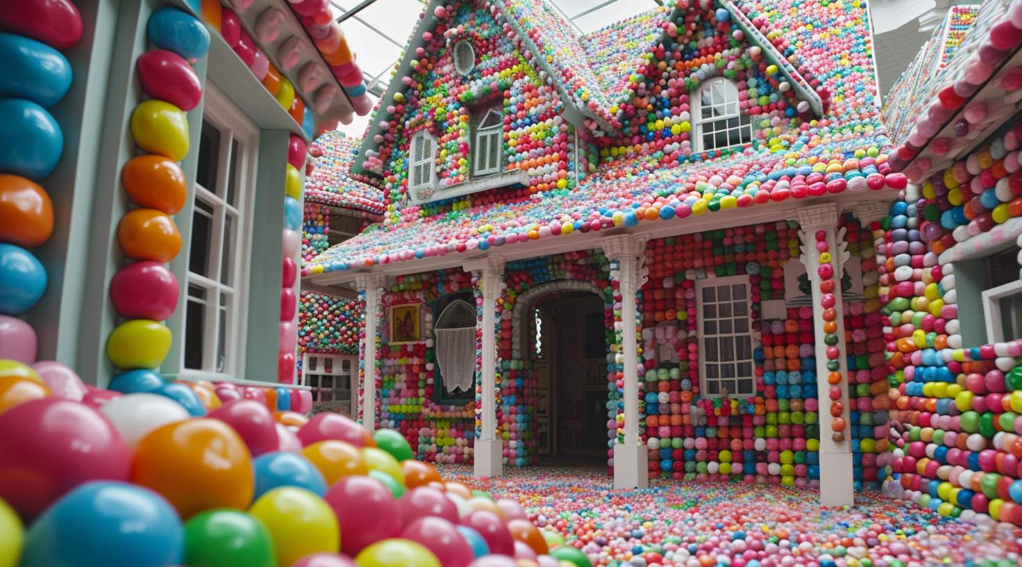 A colorful house made of jelly beans, rubiks cubes, soccer balls, and Sony Playstations