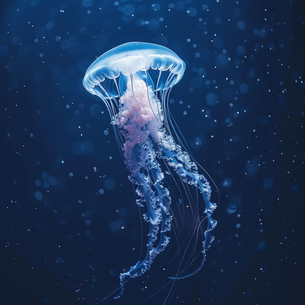 Realistic jellyfish swimming deep blue ocean