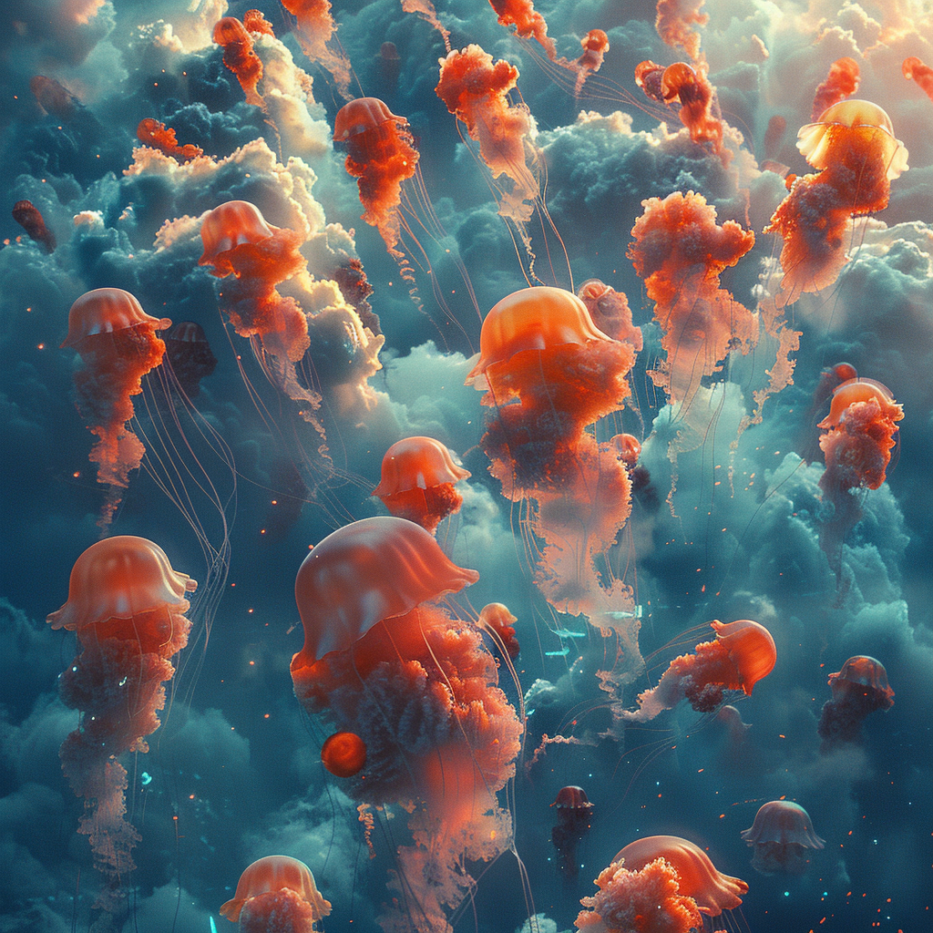 Group of jellyfish above clouds