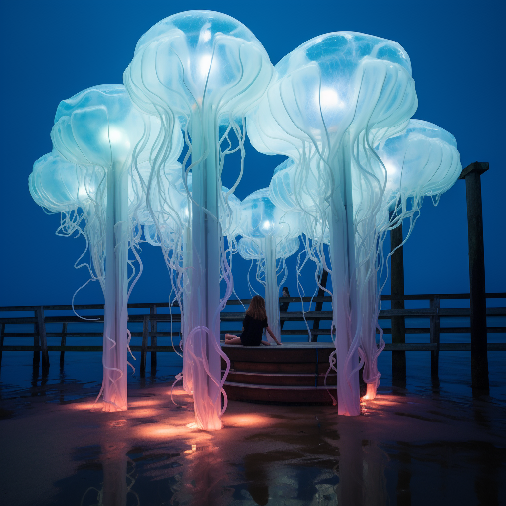 Person inside jellyfish pavilion observing water