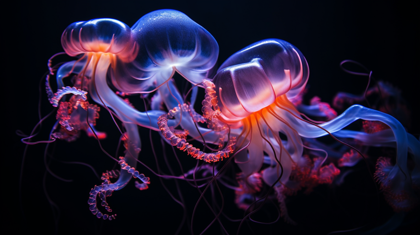 Mesmerizing macro jellyfish tentacles in dark with glowing light