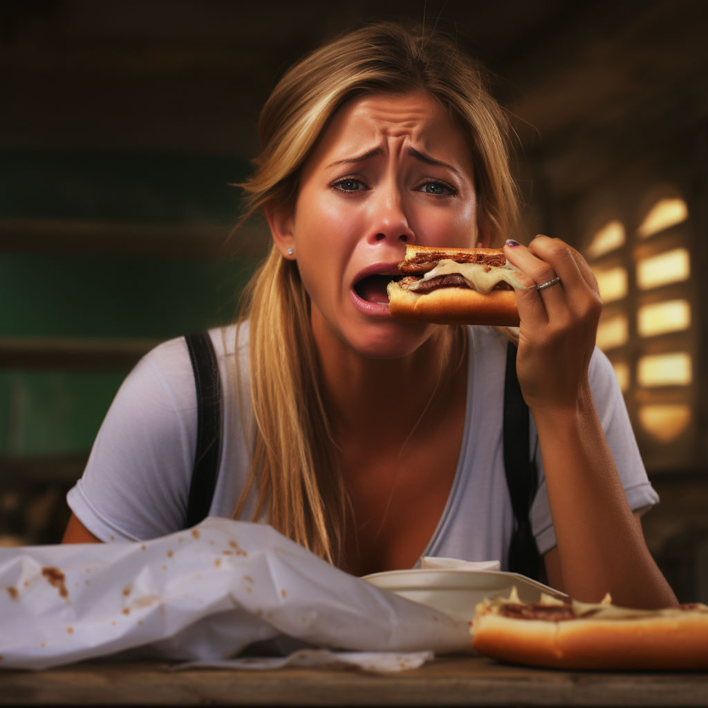 Jennifer Aniston eating hoagie and crying