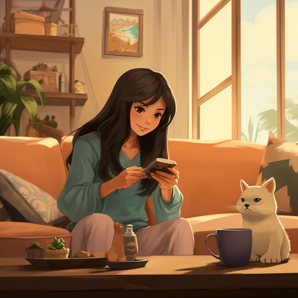 Asian girl playing smartphone at living room coffee table