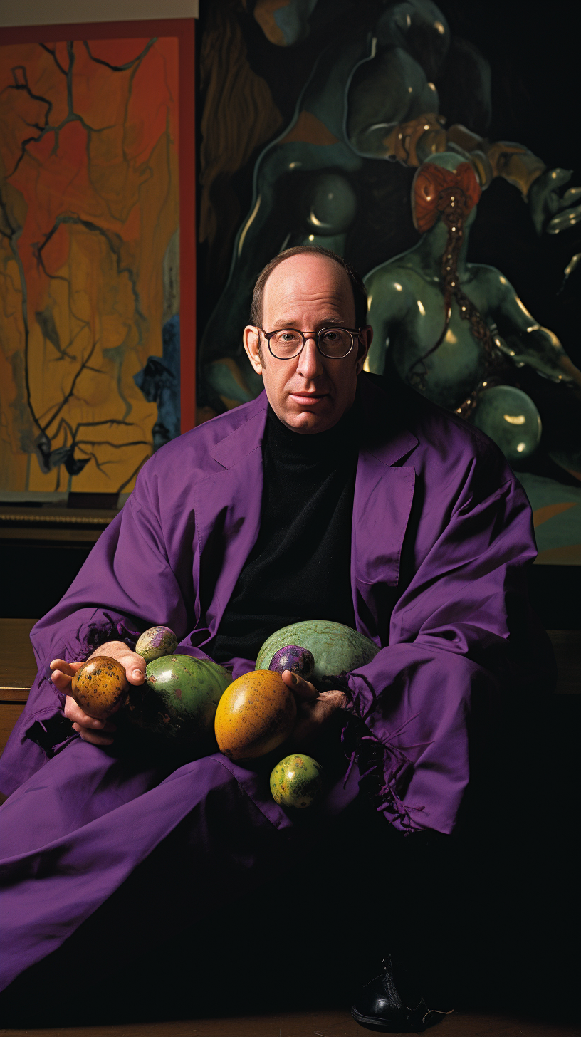 Jerry Saltz holding purple eggplant in art gallery