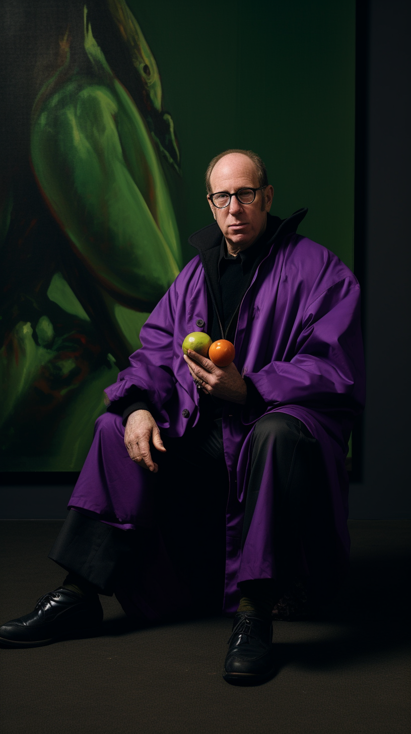 Jerry Saltz appreciating avant-garde artworks with eggplant