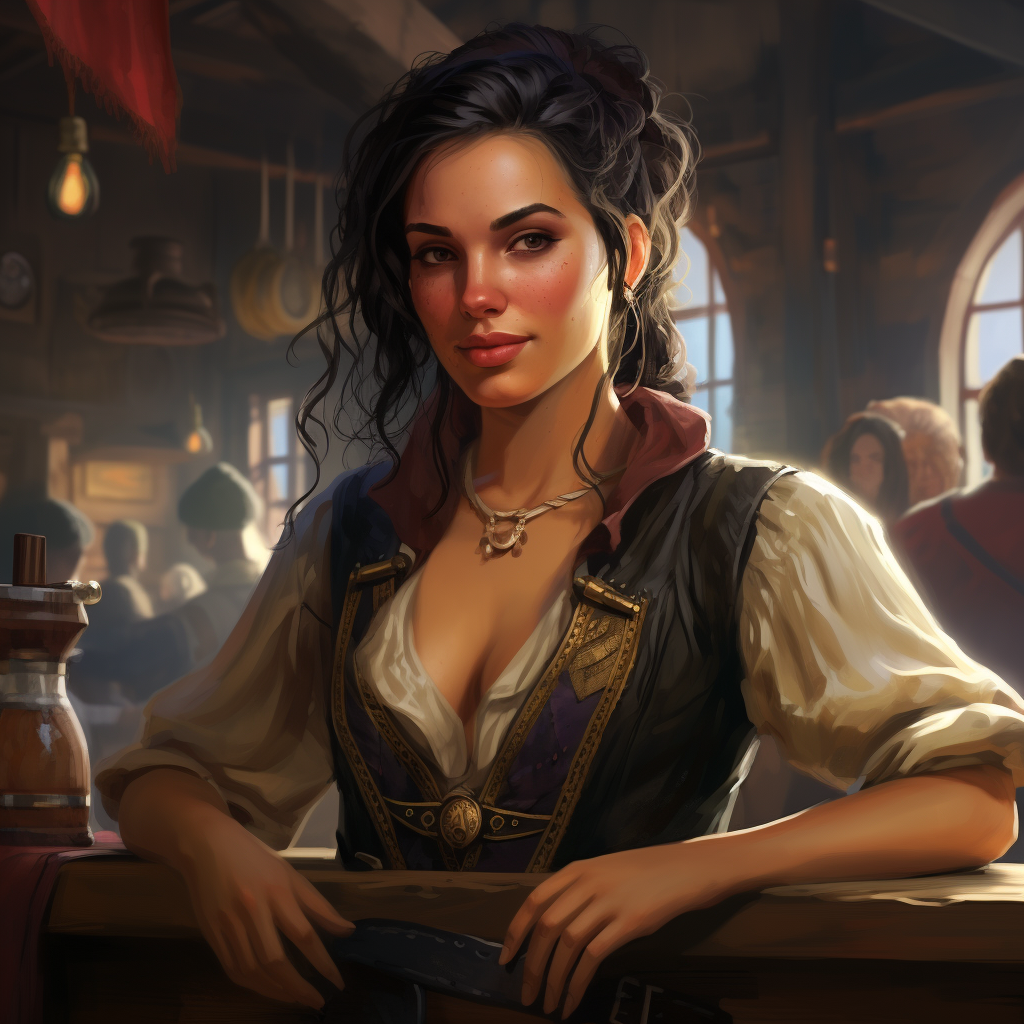 Jessica, the pirate tavern-keeper serving drinks