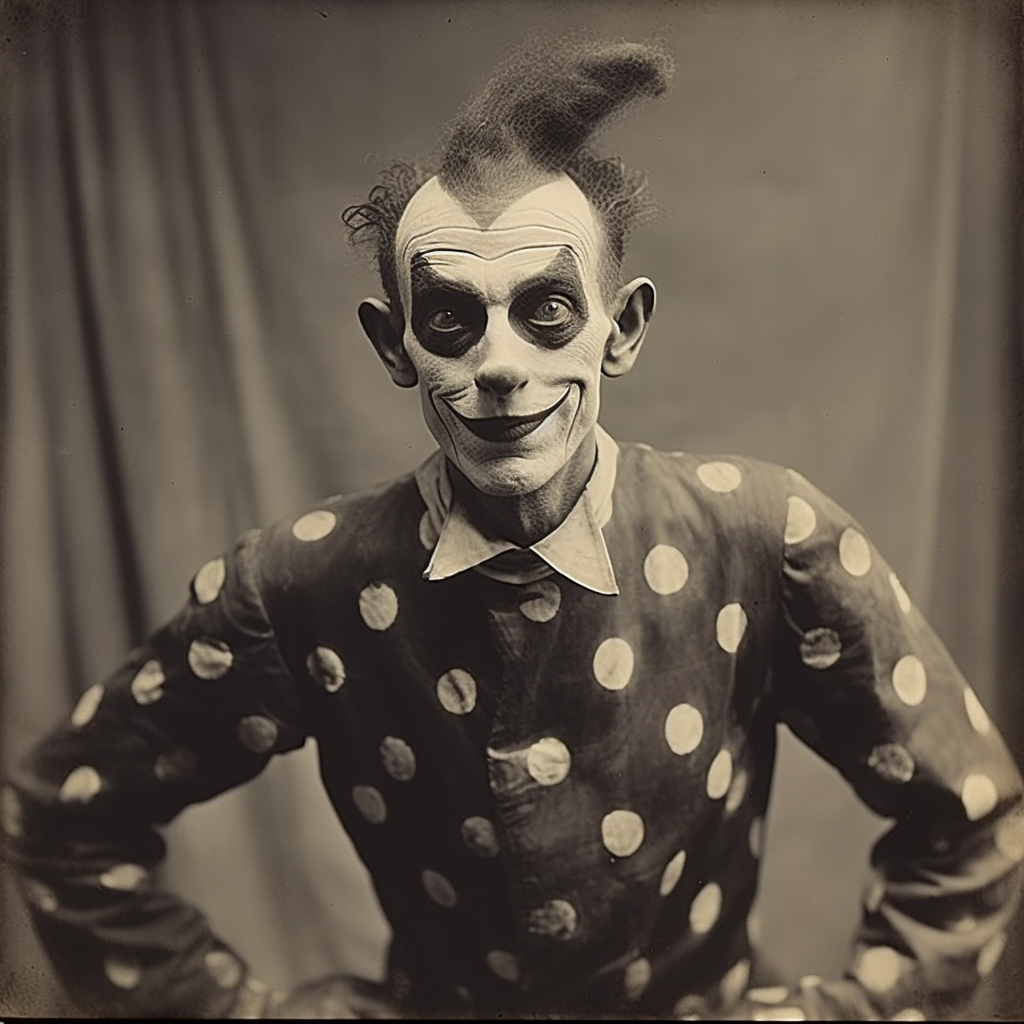 Circus jester with wild eyes