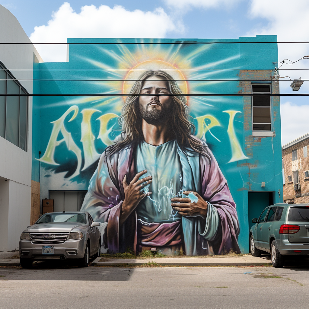 Jesus spray painting 'Pray' on downtown building.