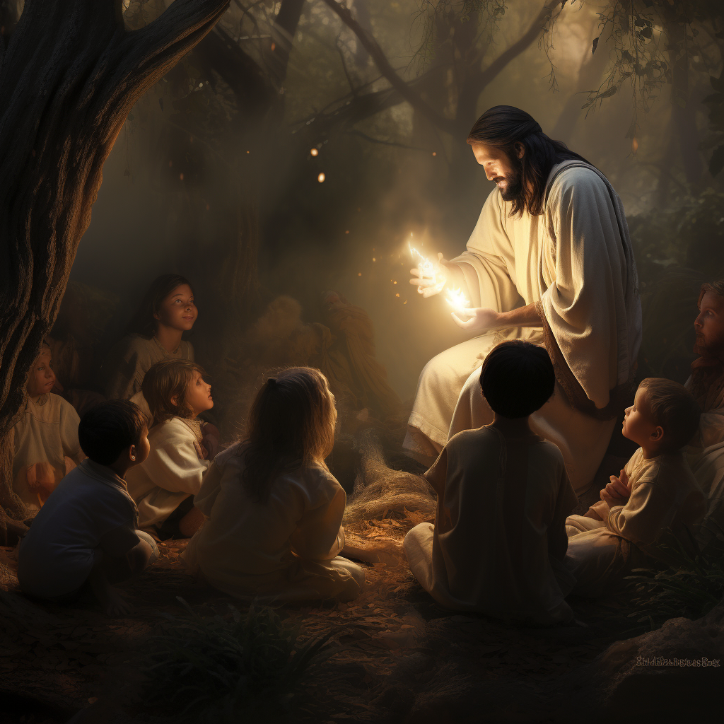 Jesus and children in mysterious atmosphere