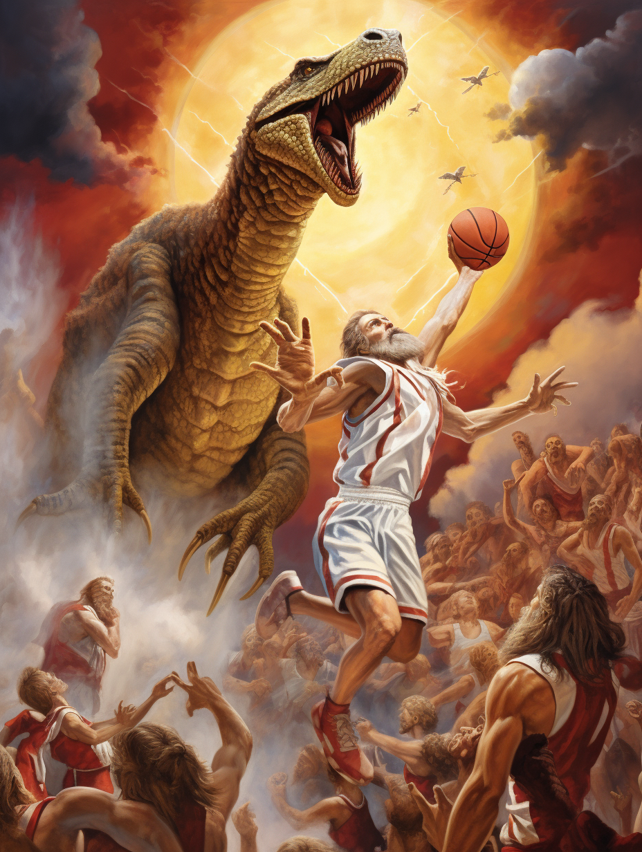 Jesus Christ dunking basketball against T-Rex and Godzilla