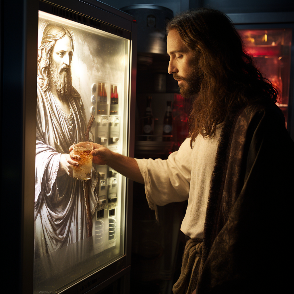 Photorealistic image of Jesus Christ drinking from a Coke vending machine