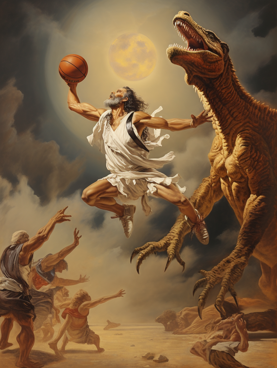 Jesus Christ dunking basketball in Salvador Dali painting