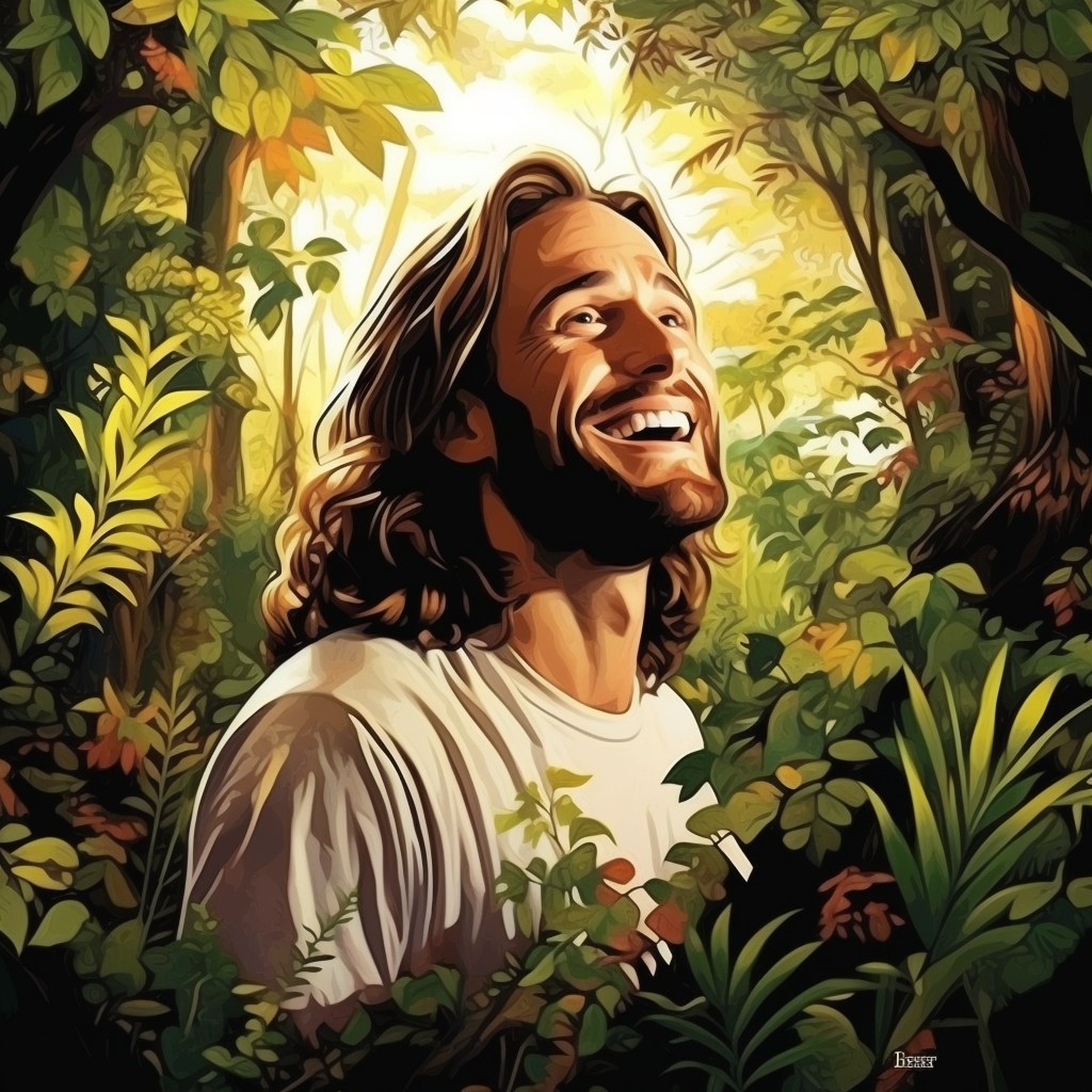 Cartoon depiction of Jesus Christ in a forest.