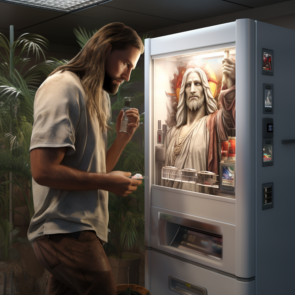 Jesus Christ enjoying a drink from a vending machine