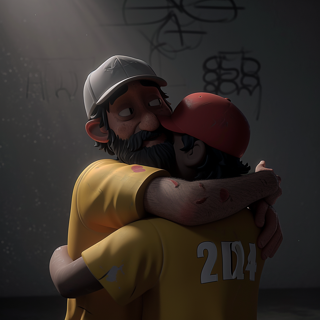 Jesus Christ hugging guy, yellow T-shirt, red cap