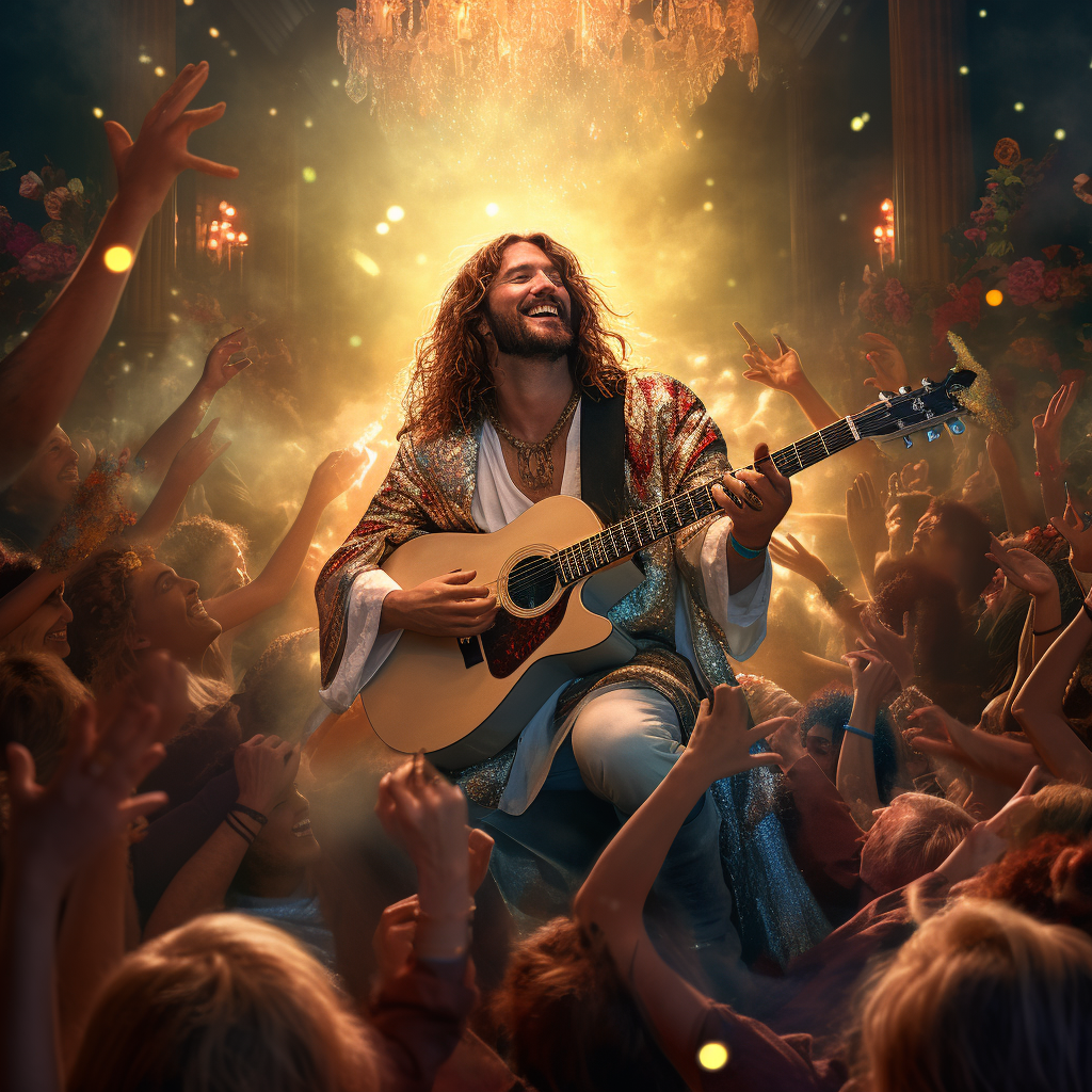 Handsome Jesus Christ playing electric guitar in a band